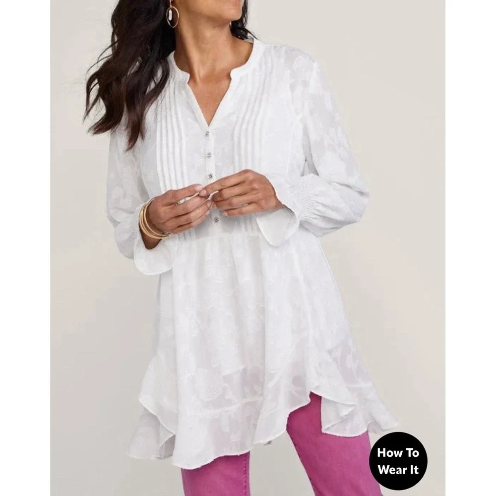 Soft Surroundings Jacquard Sheer Tunic Tank XL Blouse Floral Ruffle Long Sleeve - Picture 9 of 9